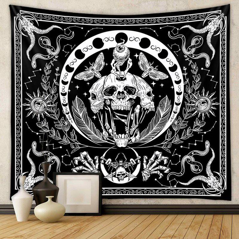 Goth Witchy Skull Wall Tapestry Black White Moth Snake Moon Constellation Mystic Spiritual Teen Room Hanging Cloth Decor