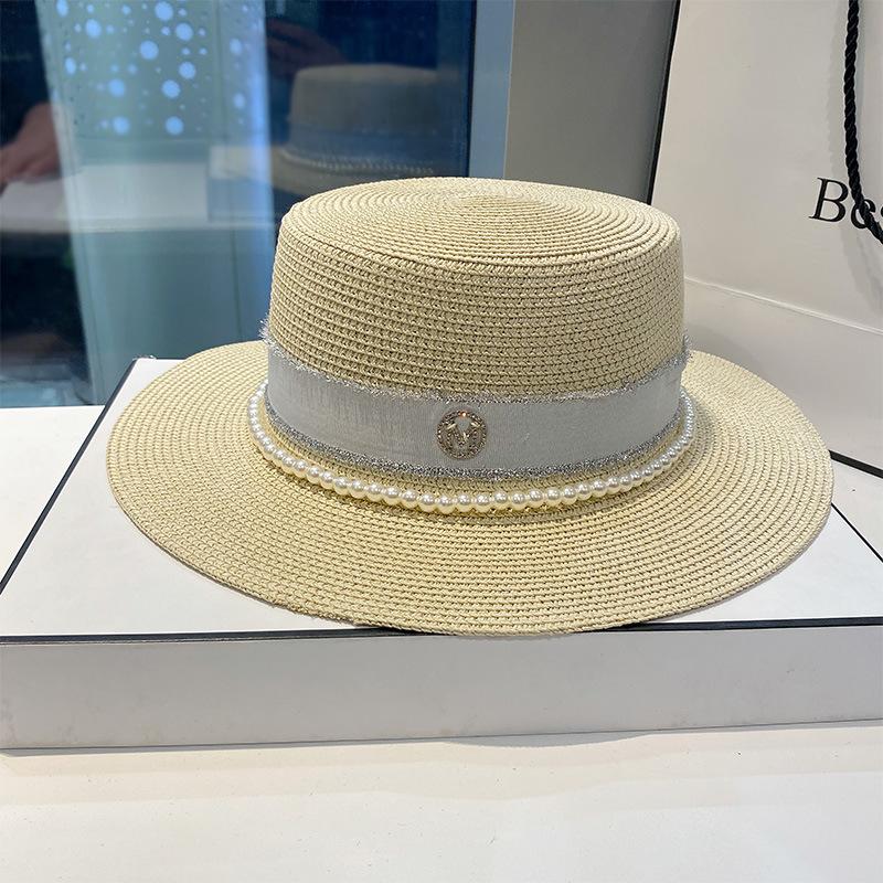 Straw hat women's spring and summer versatile pearl M letter flat top top top hat big brim sunshade sunscreen beach hat shows small face
