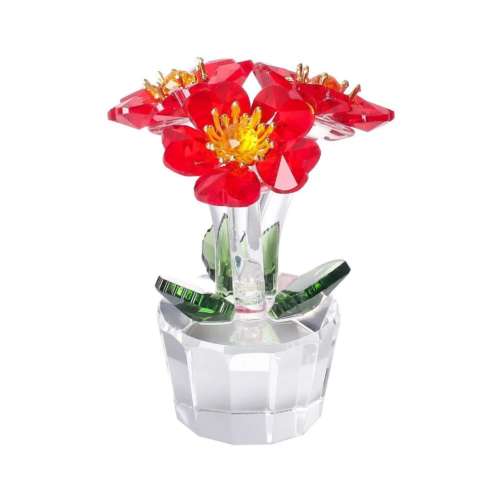 Handcraft Crystal Flower Statue Ornament Clear Base Artificial Flower Figurine Rose Tulip High Transparence