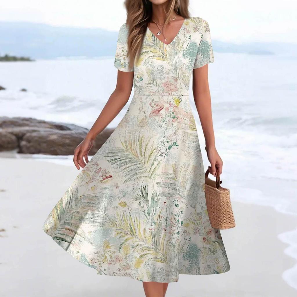 Women's Summer Casual Fashion Print Pocket Short Sleeve V-Neck Swing Dress