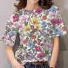 Moda Donna Girocollo Manica Corta Stampa Floreale 3D T-shirt a Manica Corta Girocollo con Fiori Colorati