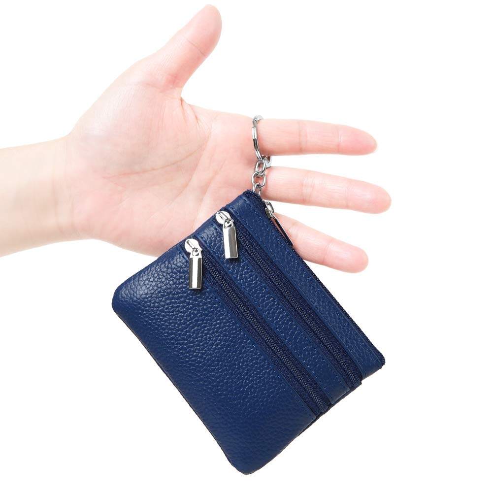Women's Genuine Leather Coin Purse Mini Pouch Change Wallet with Keychain NEW Three Zipper Fashion Multicolor