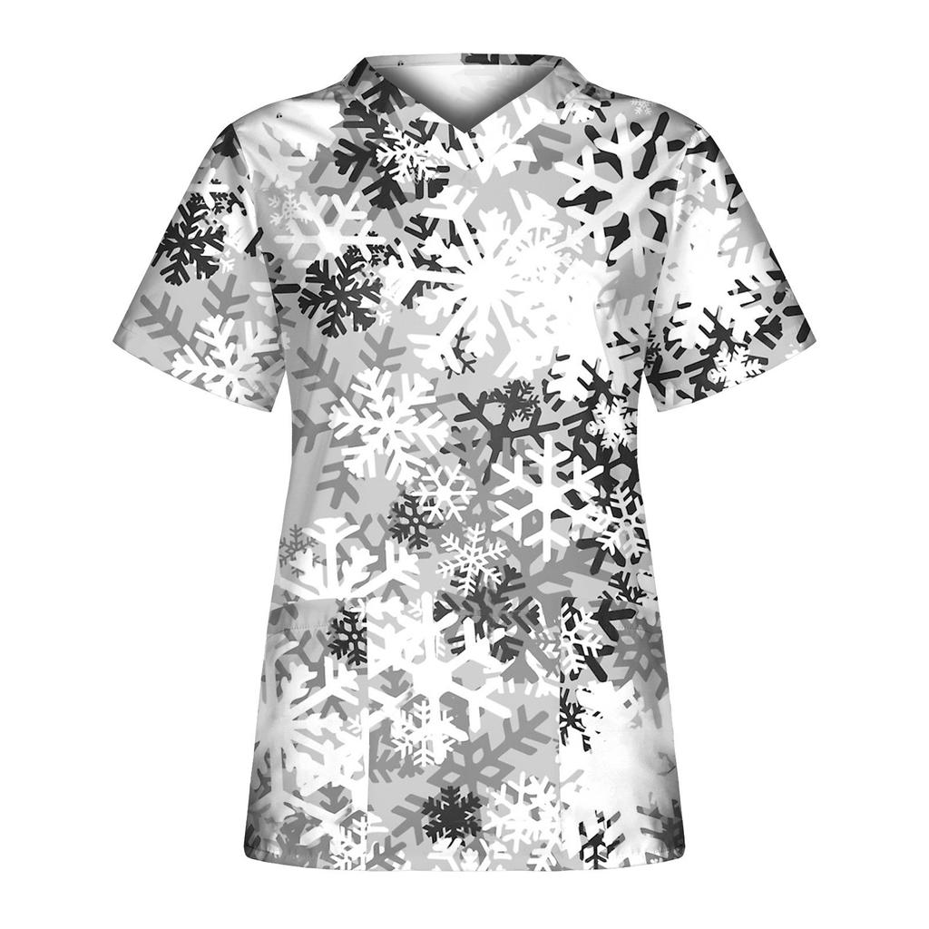 Women's Chirstmas Printing Short Sleeve V-neck Tops Working  Pocket Blouse