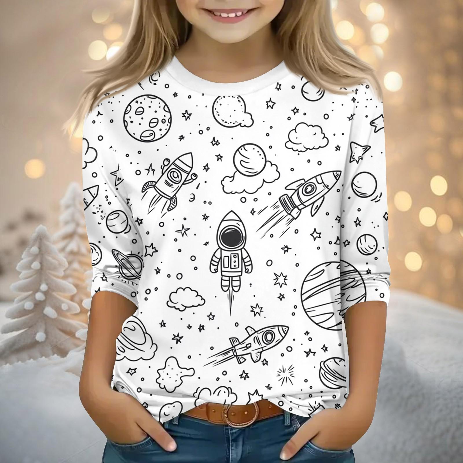 

Детские топы с рукавами 3/4, футболка с принтом, круглый вырез, пуловер, блузка, детские раскрашенные вручную цветные топы 130