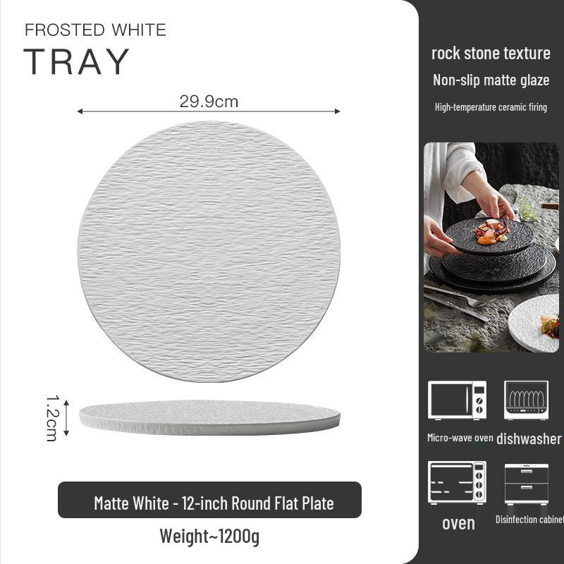 Large Round Ceramic Plate with Stone Pattern - Perfect for Steaks, Cakes, Desserts, and Sushi
