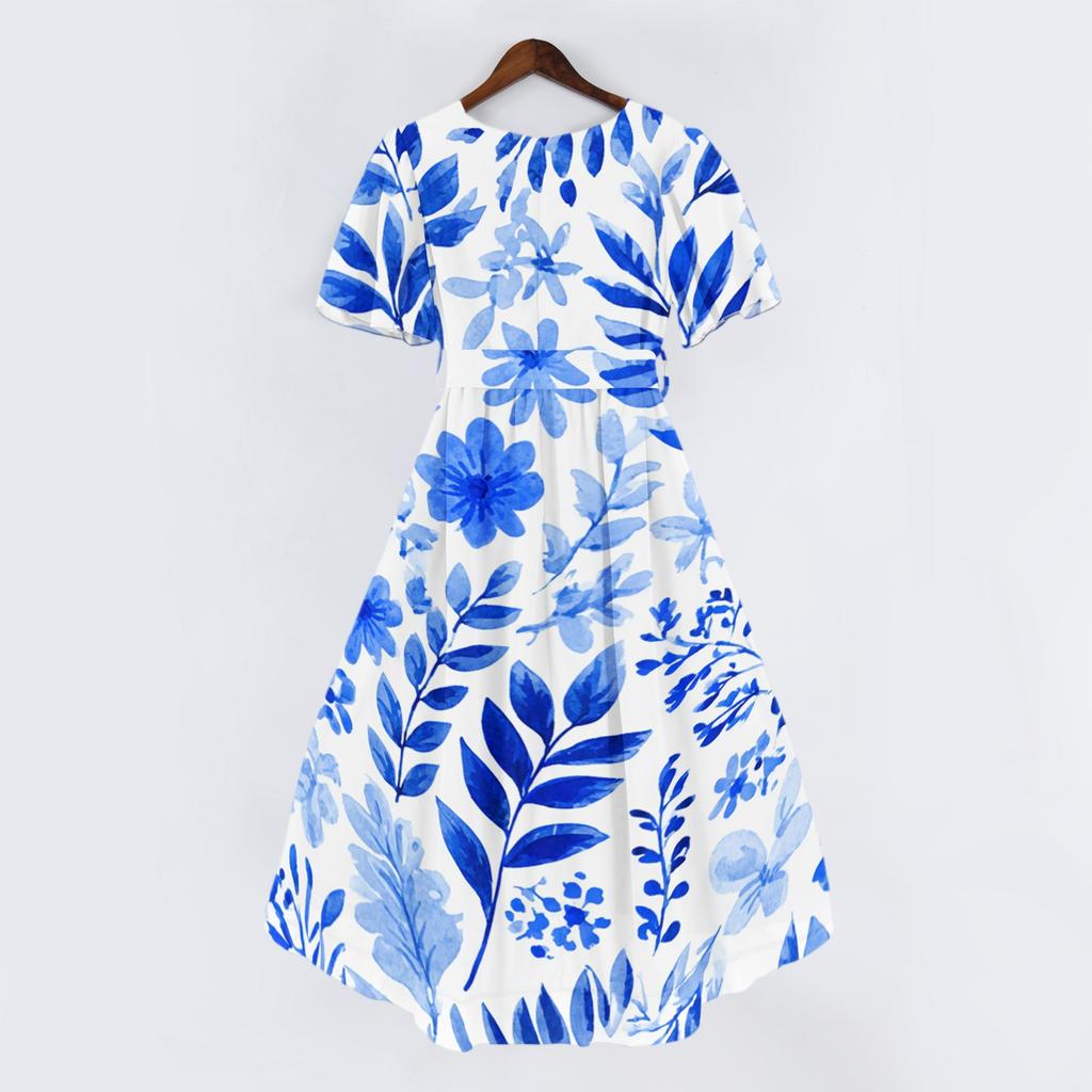 Womens Summer V Neck Short Sleeve A Line Midi Dress Floral Print Flowy Casual Vacation Sundress with Pockets S to 2XL