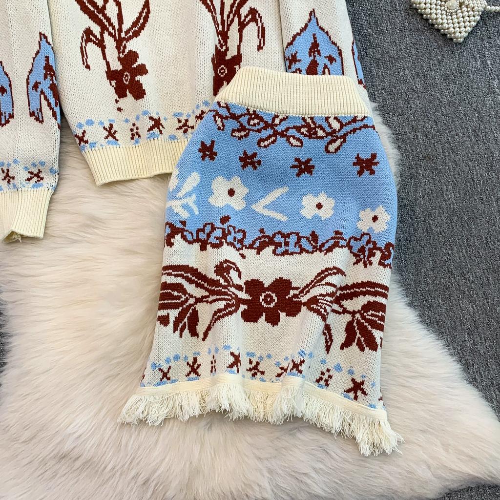 Autumn Winter Women Vintage Tulip Jacquard Knitted Sweater Two Piece Set Single Breasted Cardigans and Mini Pleated Skirt Outfits