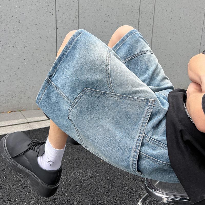 Summer Baggy Denim Shorts Fashion Casual Straight Harajuku Jeans Male Vintage Wash Drawstring Short Pants Streetwear