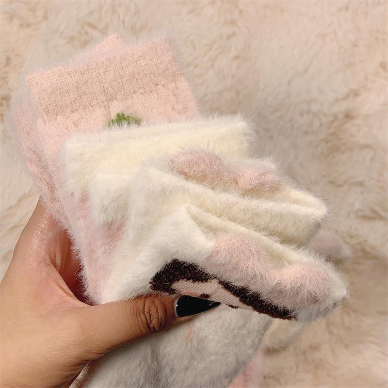 Rabbit Wool Women's Autumn/winter Thick Thermal Socks Floor Socks Fluffy Soft Breathable Pink Strawberry Girl Socks
