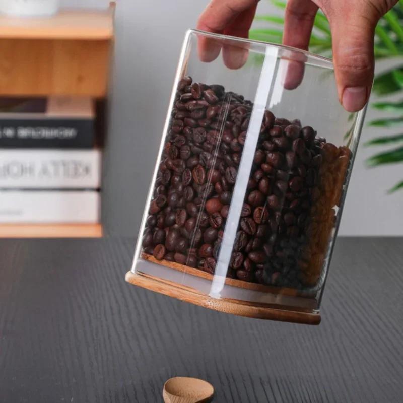 1000/1200/1500mL Square Sealed Glass Storage Jar with Spoon and Bamboo Lid Coffee Bean Grain Seasoning Food Storage Containers