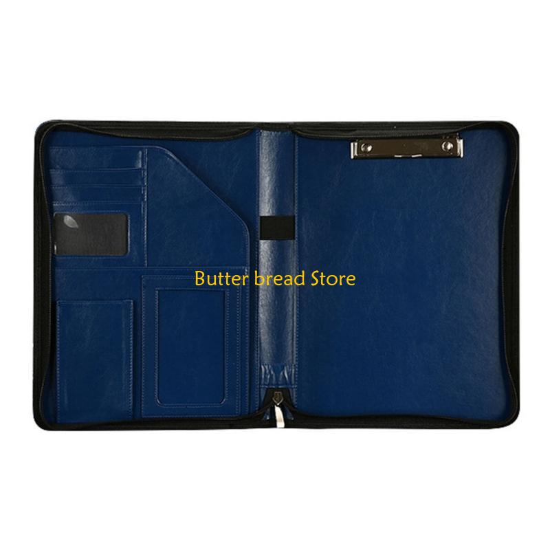 

W89C Zippered PU Conference Folder Multiple Compartment File Case with Clipboard Multiple Pocket Card Holder Elastic Pen Slot синий