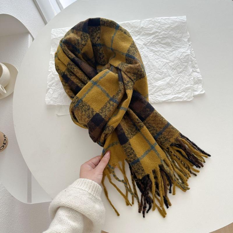 Winter New Retro Plaid Scarf Girls Versatile Thickened Warm Long Shawl Dual-purpose Double-sided Couple Scarf