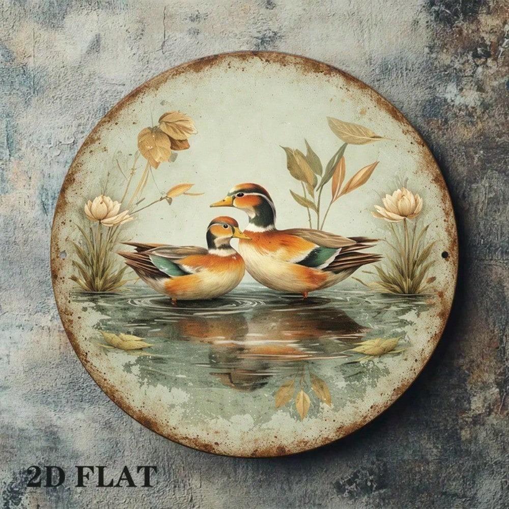 1pc 8x8in Retro Mandarin Duck Sign, Cute Waterfowl 2D Flat Round Plaque, Farmhouse Decor for Living Room Bedroom, Unique Home