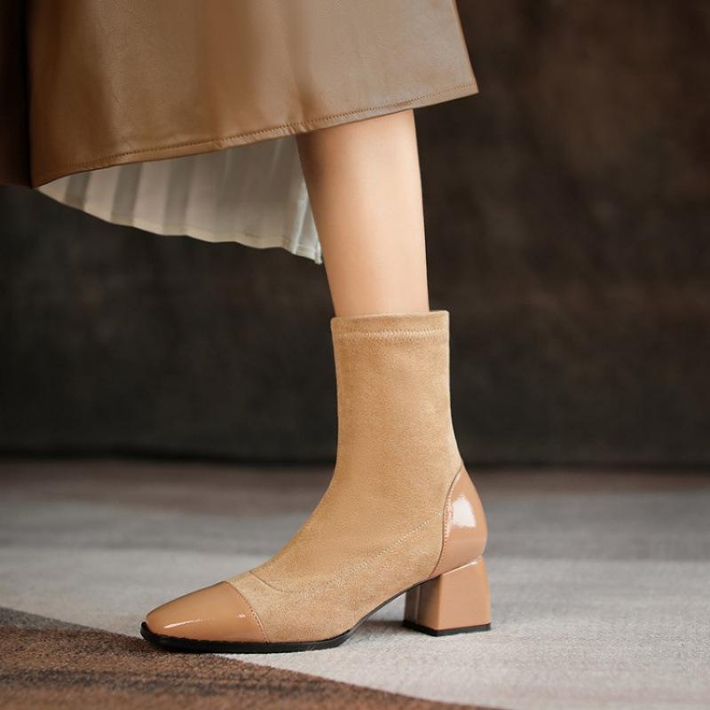 Autumn and winter Korean version suede women's Martin boots rubber sole medium boots women's medium heel large size leather boots square heel wo