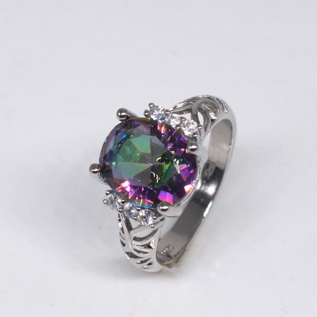 Zhenrong Rainbow Gemstone Ring: European & American Style, 7-Color Stone, 925 Silver-Plated Women's Jewelry