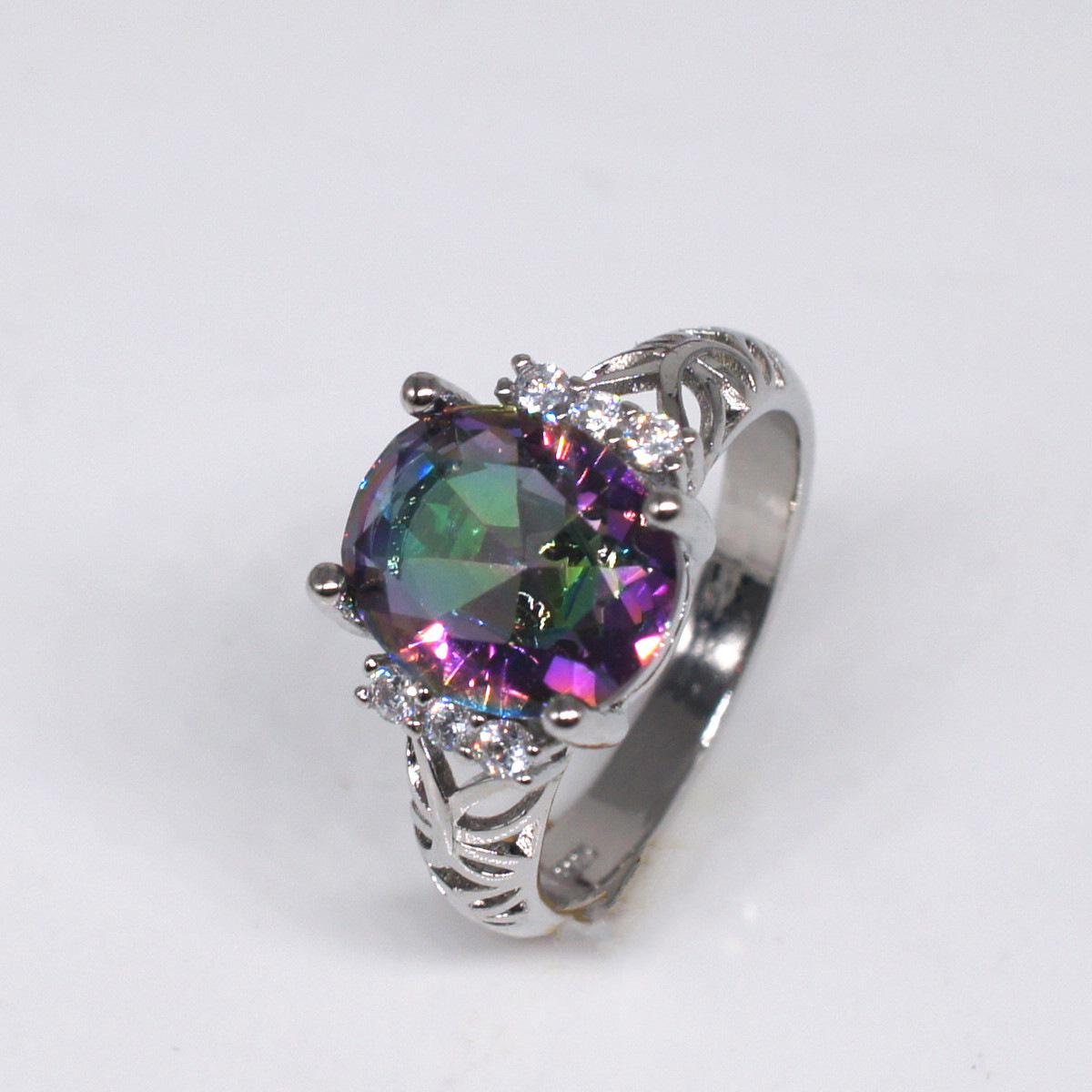 

Zhenrong Rainbow Gemstone Ring: European & American Style, 7-Color Stone, 925 Silver-Plated Women s Jewelry Size 8