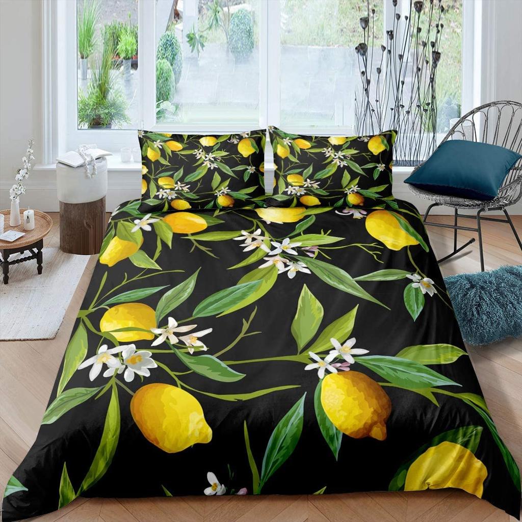 Lemon Duvet Cover Set Fresh Fruits Pattern Polyester Comforter Cover King Queen Twin Full Size For Kids Teens Adults Bedding Set