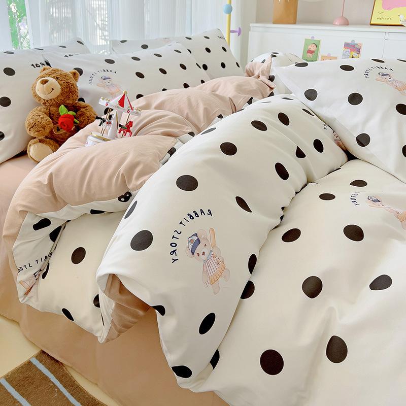 Small Fresh Mattress Quilt Cover Class A Maternal And Infant Grade Cartoon Dormitory Bed Sheet Three-Piece Set Super Soft Washed Cotton 4Pcs Set
