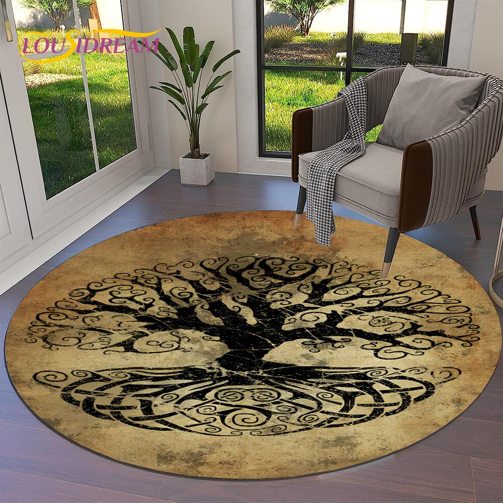 Tree of Life Viking Yggdrasil Valknut Round Carpet Rug for Living Room Bedroom Sofa Decor,Kid Paly Area Rug Non-slip Floor Mat