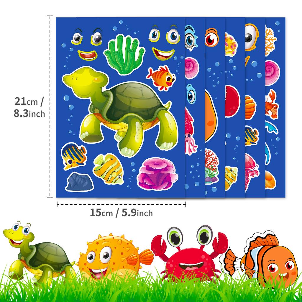6 Fotos/Baotian Meeresleben Gesicht-verändernde Aufkleber für neues Kinder-Puzzlespielzeug Wiederholt klebende Puzzle-Aufkleber
