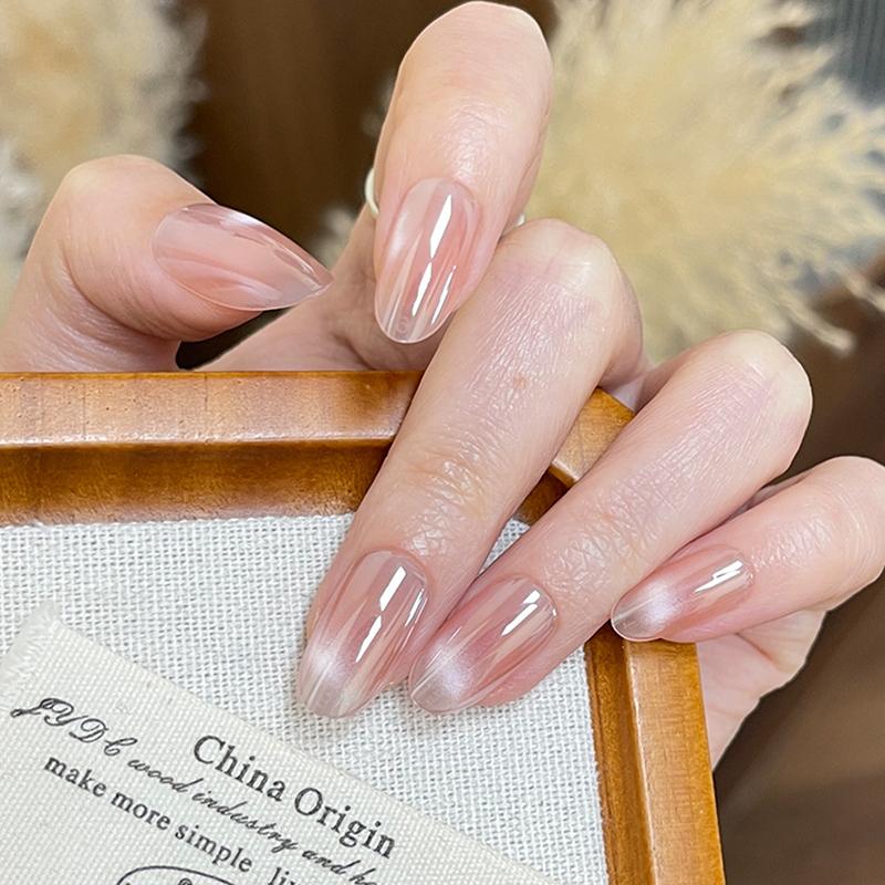 24Pcs Simple Fake Nail With Jelly Glue Butterfly Design Pink White Gradient French Press On False Nails Full Cover Nail Tips