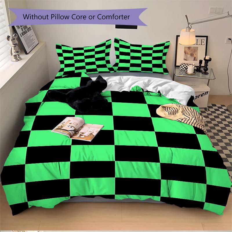 3-teiliges Bettwäsche-Set mit grün-schwarzem Karomuster für Zuhause - Universelles Dreiteiliges Set für Schlafzimmer, Gästezimmer, Wohnzimmer, Hoteldekorationen