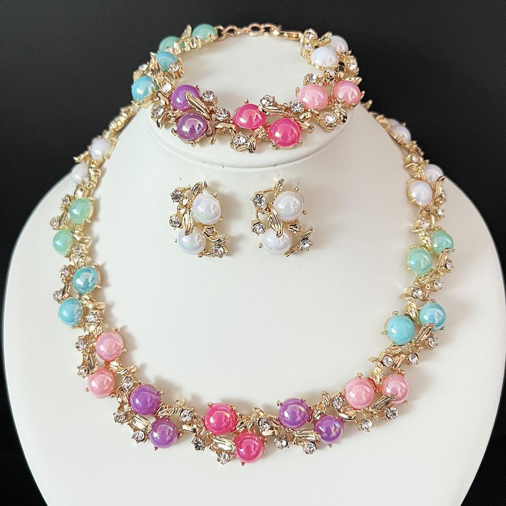 Collar, pendientes y pulsera de moda de color caramelo transfronterizos europeos y americanos, conjunto de joyería de boda con diamantes brillantes exquisitos, joyería de estilo de corte