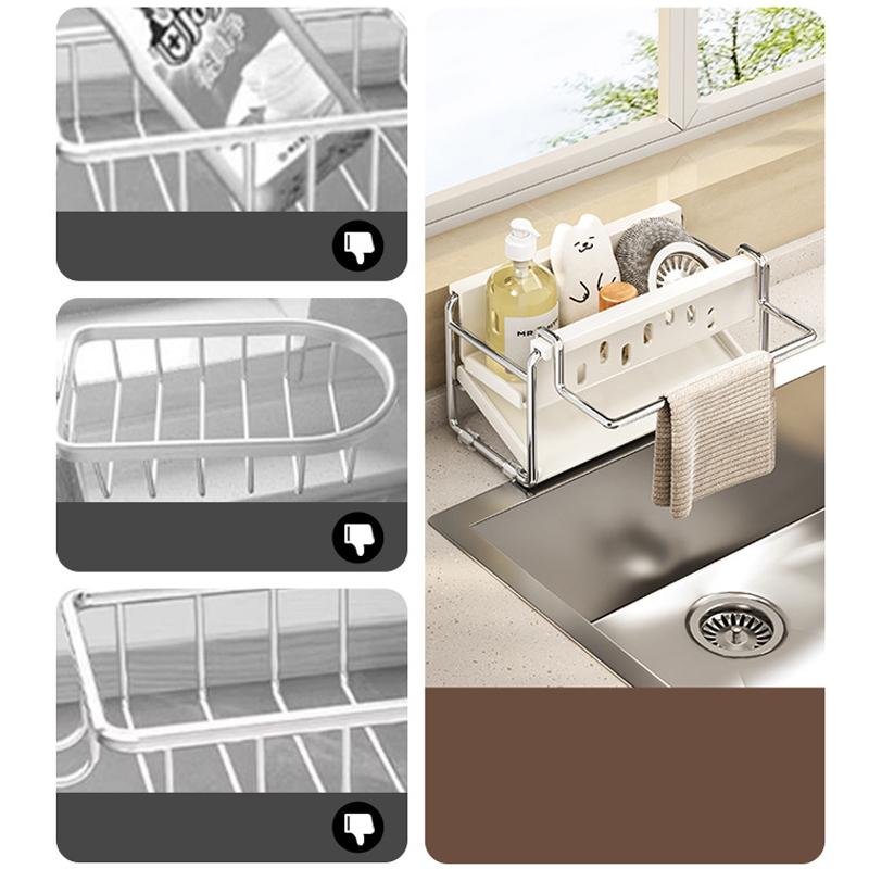 Sink Stainless Steel Shelf Desktop Cleaning Tool Storage Rack Sponge Dish Soap Draining Rack With Towel Bar Kitchen Organizer