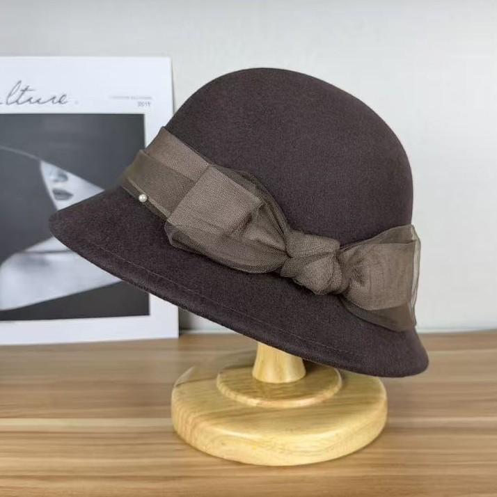 High sense Hepburn style bow wool top hat women's autumn and winter fashion versatile basin hat bucket hat shows small face