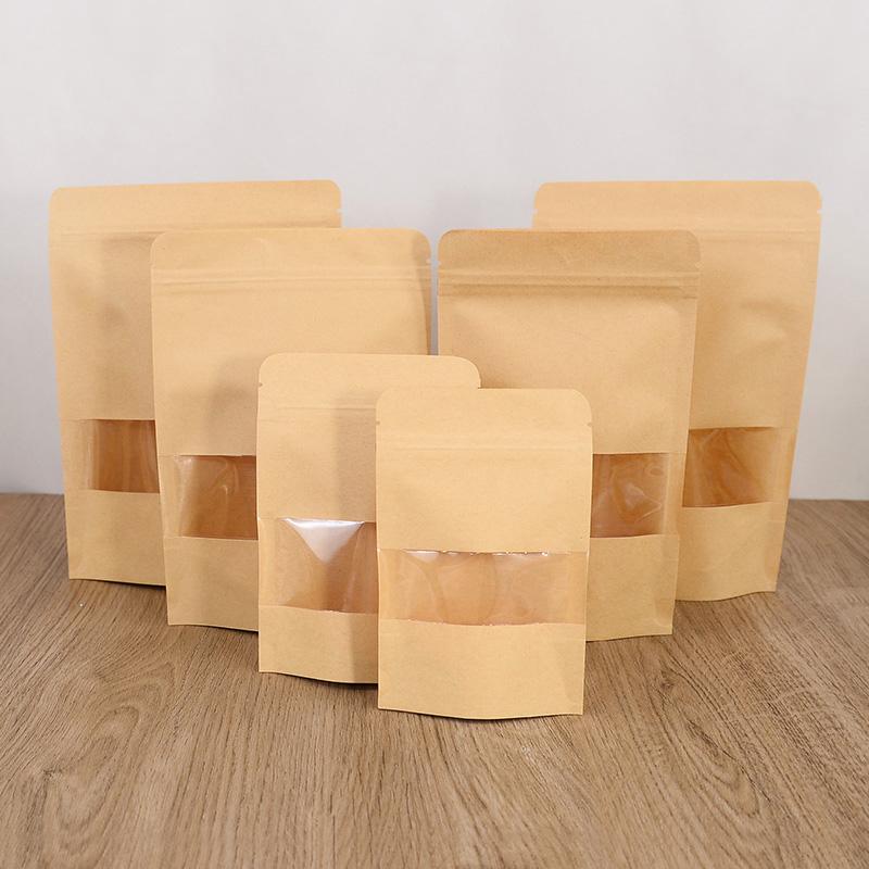 

10pcs Zip Lock Kraft Paper Bag with Window Snack Food Candy Cookie Storage Bag Self Sealing Gift Pouch Wedding Party Home Supply 10pcs 14x9cm