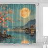 Japanese Cherry Blossom Shower Curtain Full Moon Floral Lake Mountain Wonderland Starry Sky Rustic Asian Anime Watercolor
