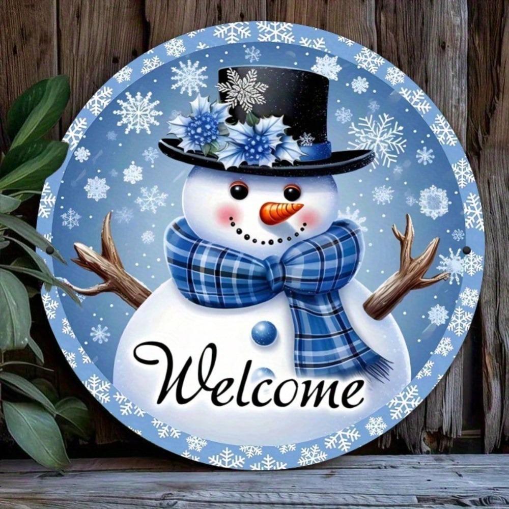 Snowman Iron Wall Art Round Metal Sign Outdoor Indoor Welcome Plaque Blue Decor 8 Inch Home Gift