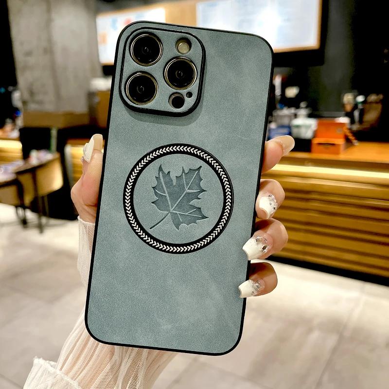 Luxury Leather Maple Leaf Magsafe Phone Case For iPhone 16 15 14 13 12 11 17 Pro Max 17Air 16E Magnetic Wireless Charging Cover