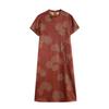 Red brown diagonal mulberry silk dress  retro red cloud yarn printed silk skirt