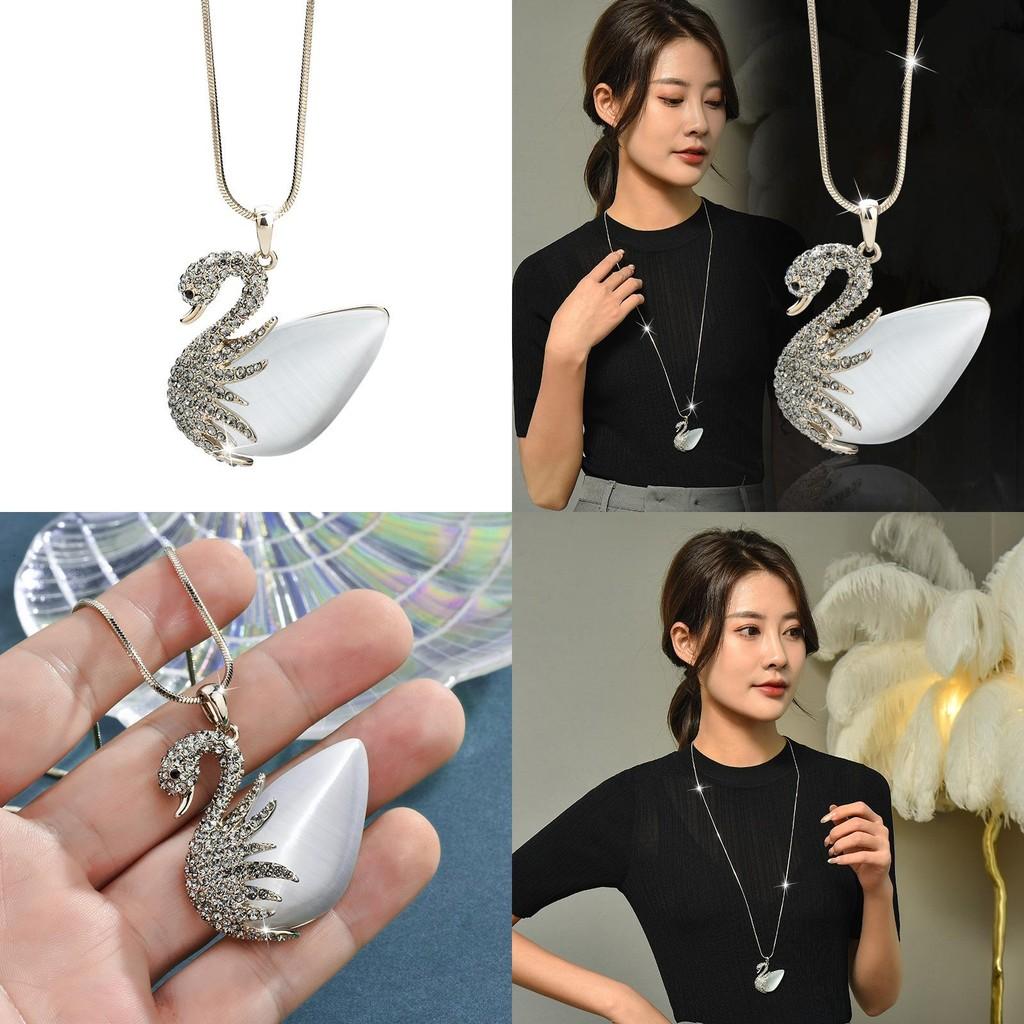 Necklace Swan Elegant For Women With Cats Eye Stone And Crystal Pendant Style In