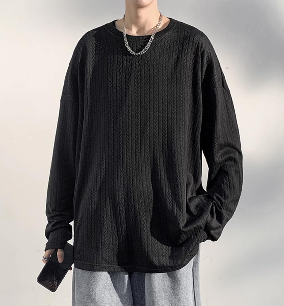 Poperdision Long Sleeve Loose Fit Solid Round Men's T-Shirt, Autumn/Winter Collection, Color, Simple, Stylish, Popular, Casual, Collar, Soft,