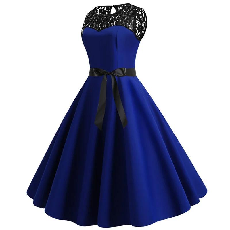 Blue Lace Patchwork Summer Women Elegant Vintage Party Dress Casual Office Ladies Dress