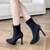With high heels, thin boots, suede, daily height increase and thin season skirt, pointed toe and thin heel.