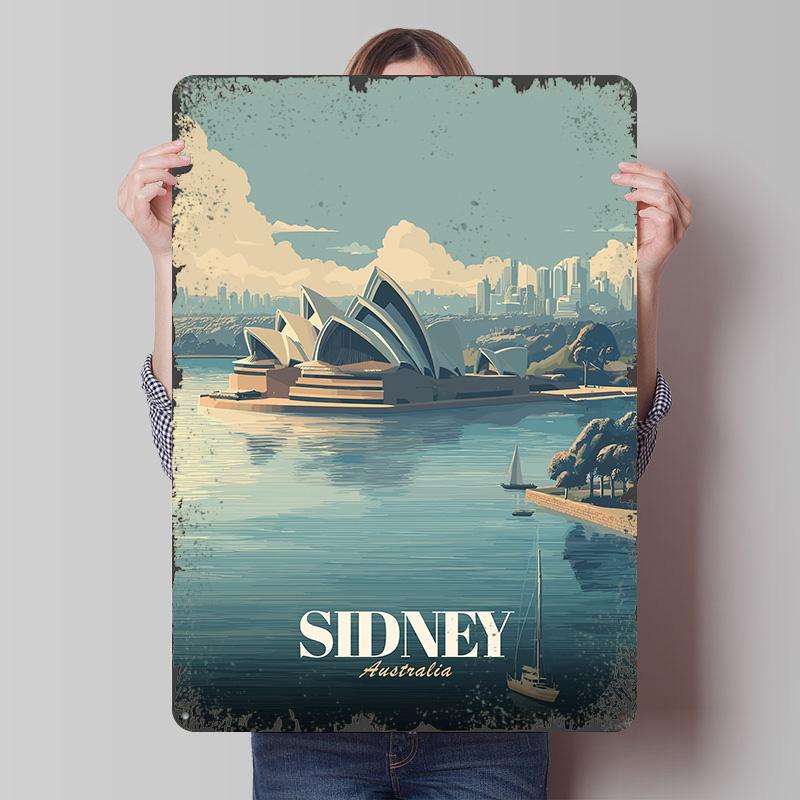Sydney Opera House Travel Tin Plaque Poster Customized Wall Art Retro Vintage Metal Signs for Man Cave Desk Decor Room Ornaments 7.9x11.8In(20x30cm)