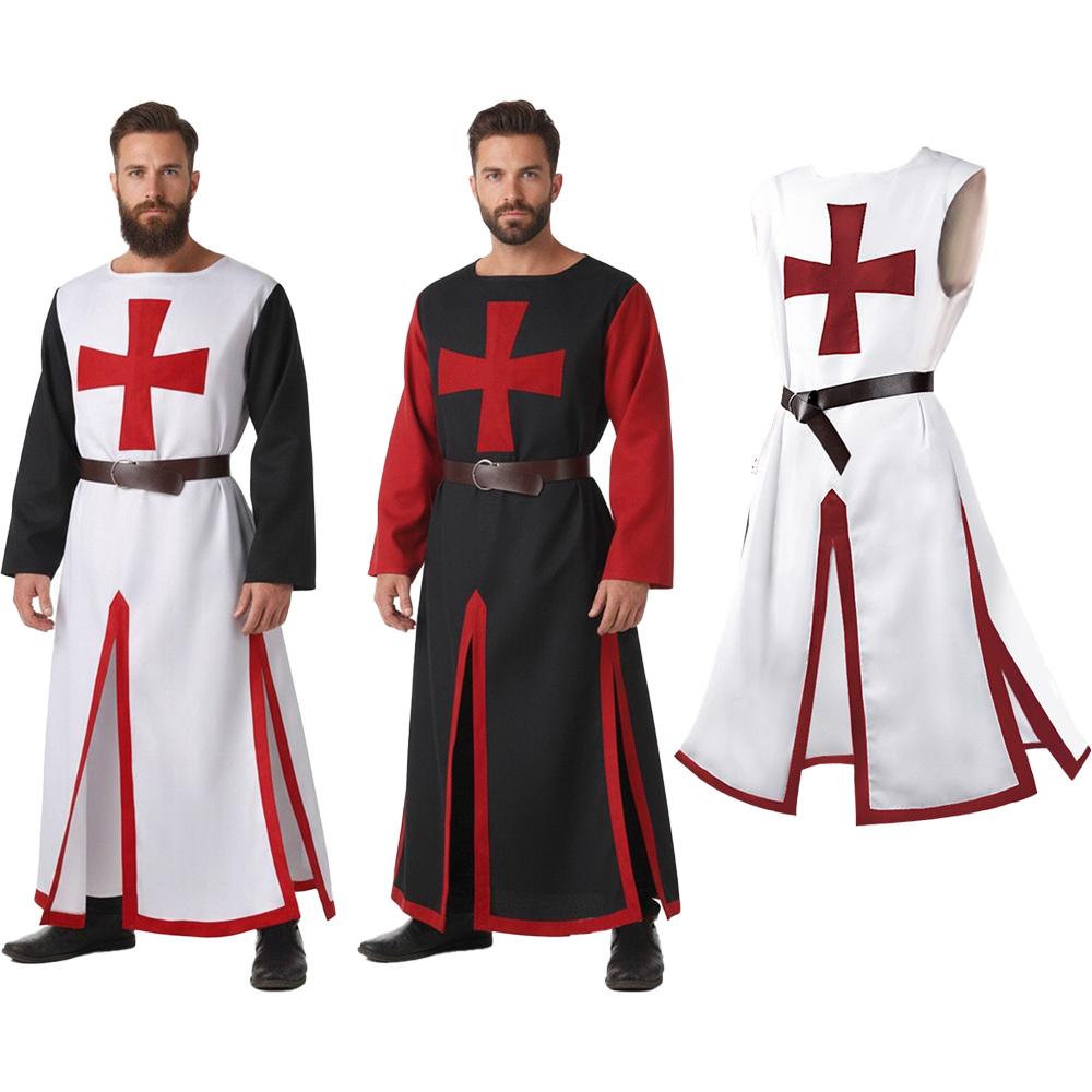 Medieval Vintage Cross-print Long Tunic Men's Costume Robe Belt Classic European-style Stage Festival And Halloween Costume