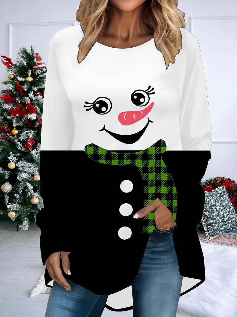 Plus Size Women Spring Christmas Printed Comfy Long Sleeve Round Collar T-shirt Casual Baggy Mid Length Tee Tops