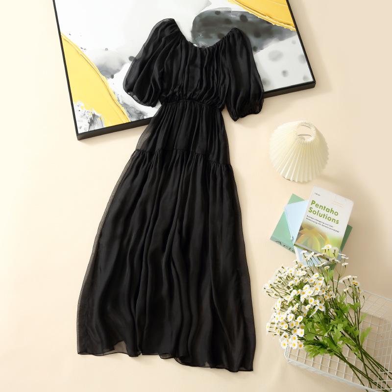 2025 Damen Seidenkleid mit französischen Puffärmeln und V-Ausschnitt