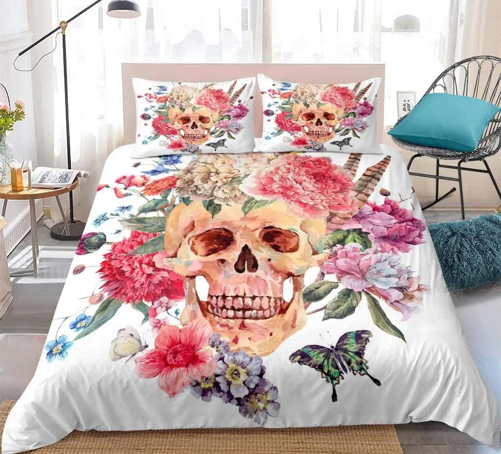 Sugar Skull Duvet Cover Set,3D Printed Gothic Skull Bedding Set,Soft  Comforter Cover with Zipper Closure and 2 Pillow Shams