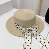 New Straw Hat Summer Sun Hat Polka Dot Long Streamer Flat Top Hat Seaside Beach Vacation Sun Hat
