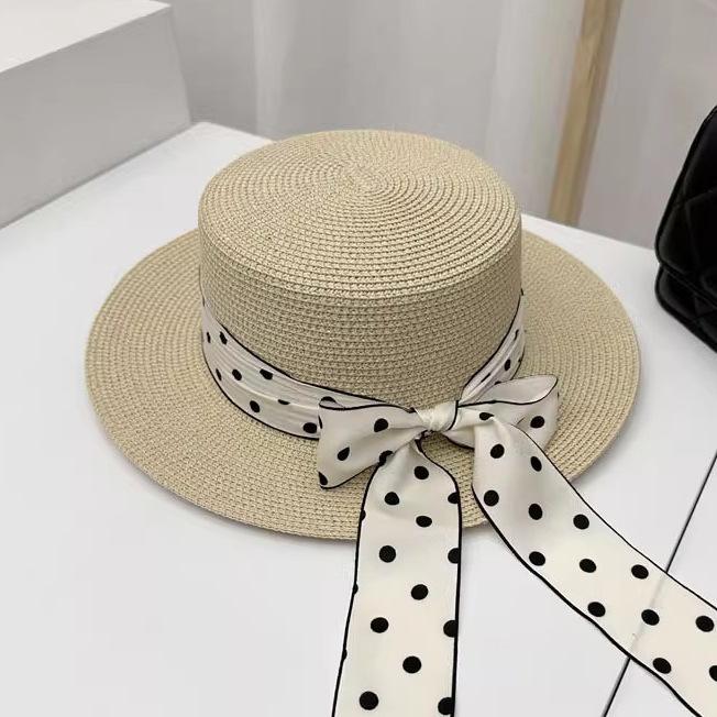 New Straw Hat Summer Sun Hat Polka Dot Long Streamer Flat Top Hat Seaside Beach Vacation Sun Hat