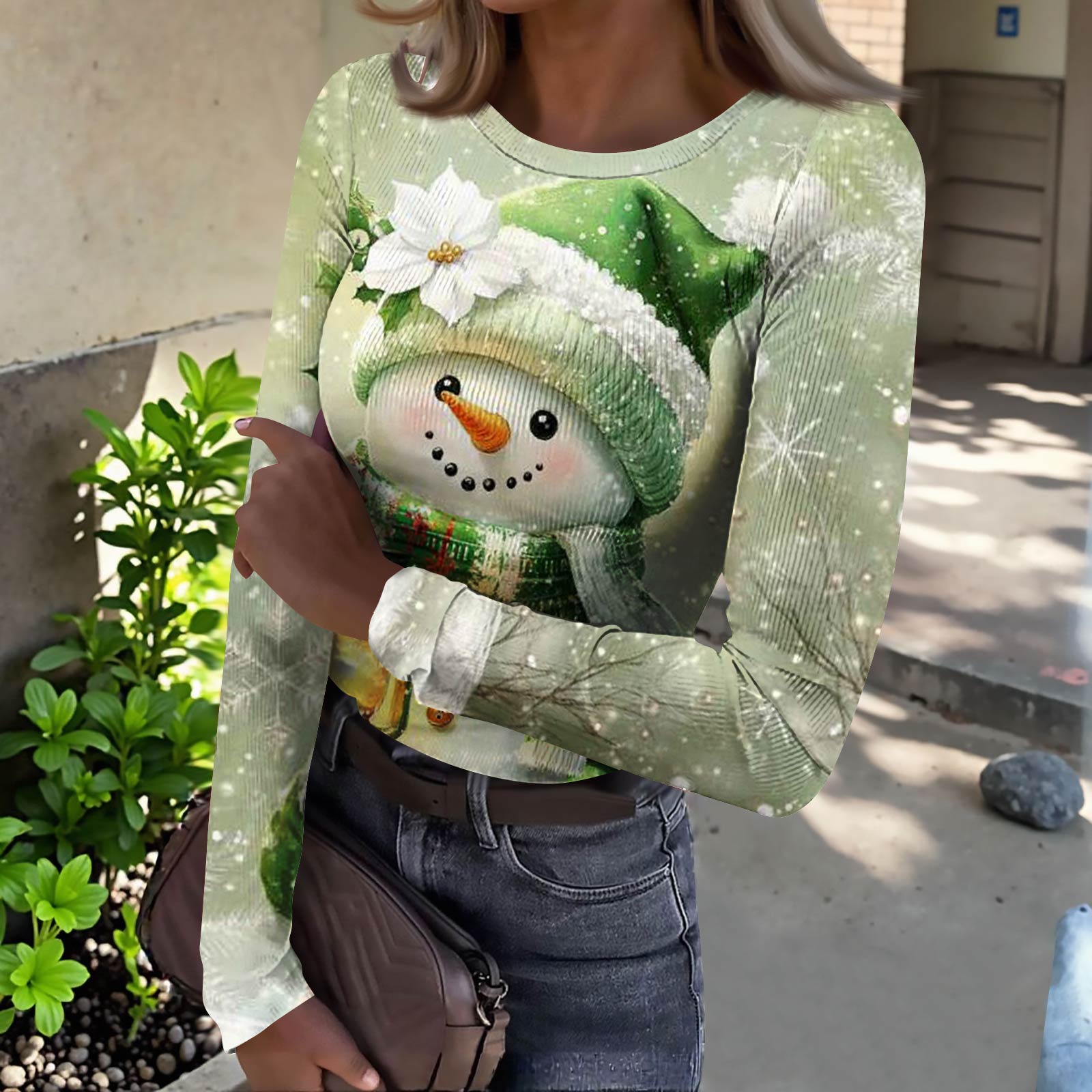 

Женская футболка с облегающим низом, модная повседневная с градиентным принтом, пуловер с круглым вырезом и длинными рукавами XL зелёный