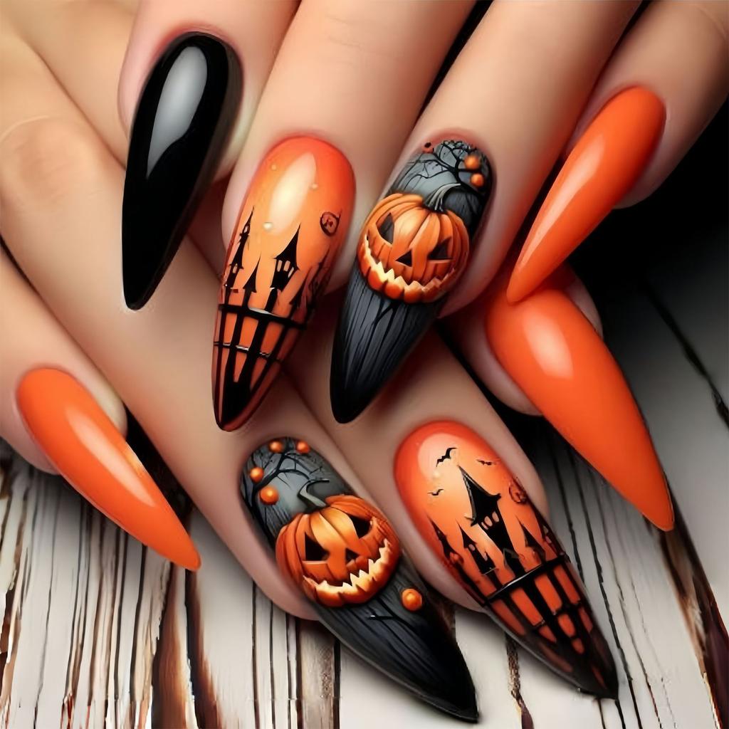 Trendy Fake Nail Halloween Theme Stylish Almond Tip Ghostly Pumpkin Art Durability Comfortable False Nail For Daily Wear