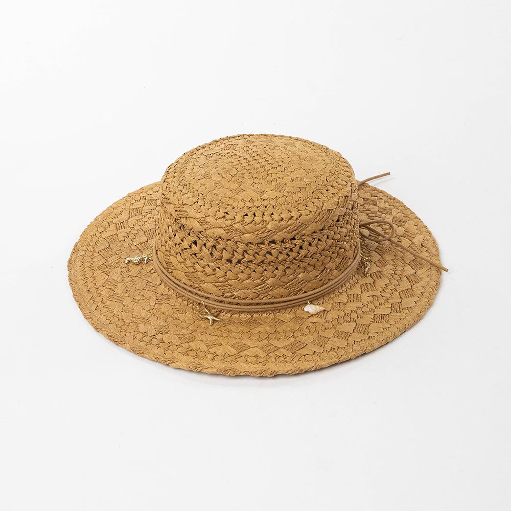 

USPOP Spring Summer Women Handmade Paper Straw Sun Hat Shell Chain Wide Brim Flat Top Beach Travel Hat M 57cm верблюд