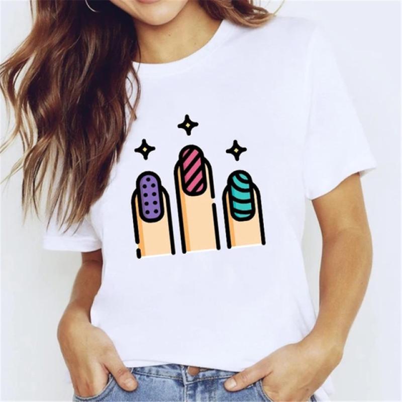 T Shirt for Women Teens Tees Cartoon Kawaii Trend Fingernail Nail Art Unisex Clothes Vintage Men Streetwear Daily Style Fashion