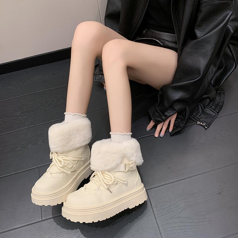 Women's Hairy Mouth Two Wear Fashion Lightweight Winter Warm Fur One Snow Boots Padded Lining Non-slip Casual Sports Martin Cotton Boots